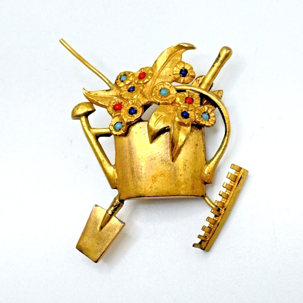 Vintage Garden Theme Brooch Pin Flowers Watering Can Rake Shovel Gold Tone